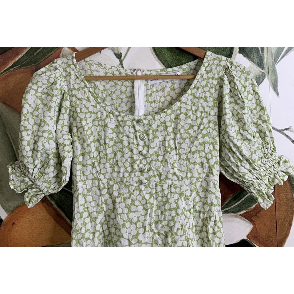 Faithfull the Brand Womens Size 4 Light Green Floral Puff Sleeve Mini Dress - Picture 2 of 6
